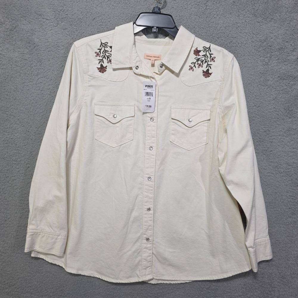 Denim Embroidered Pearl Snap Long Sleeve Bone Womens Shirt 2X Western Floral